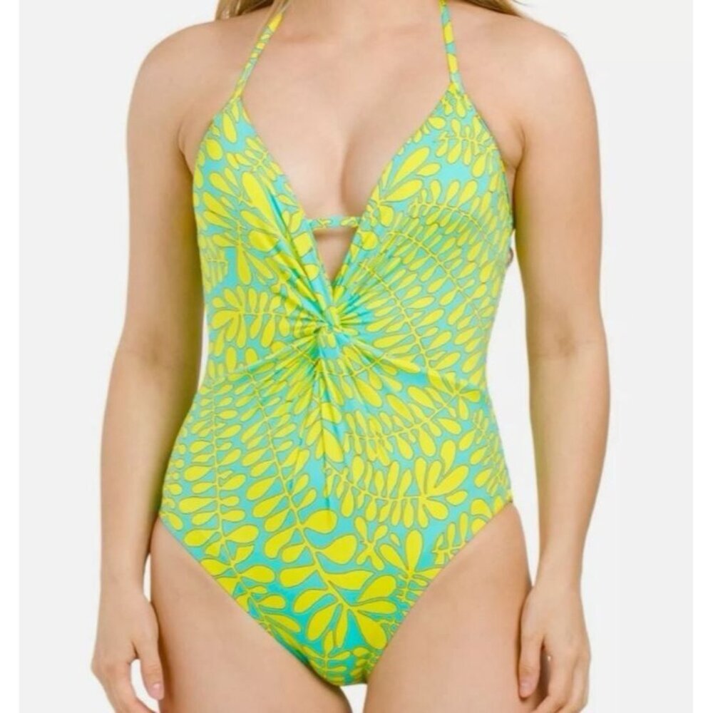 Trina Turk Trellis Swim Halter One-Piece Swimsuit Yellow & Blue Leaf Print Sz 8